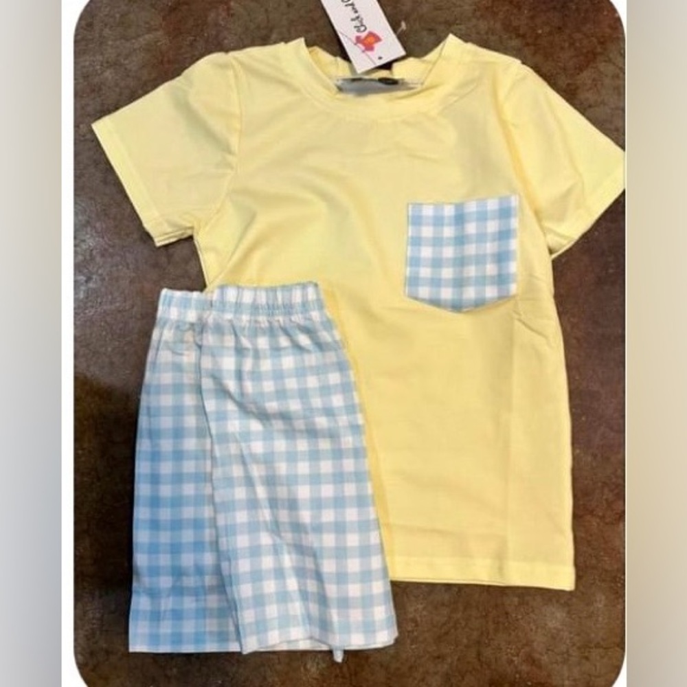 Boys yellow with blue check shorts outfit
